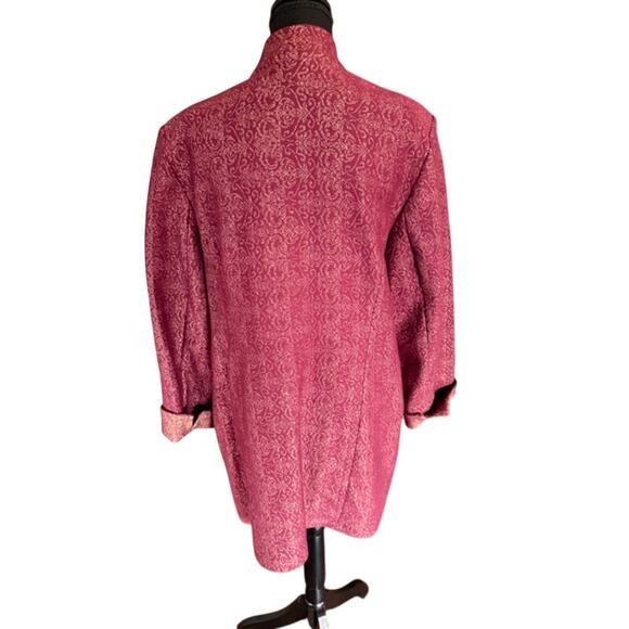 Chico's Jacquard Metallic Brocade Jacket Open Front Burgundy Gold Lurex Size 3 - Picture 4 of 7